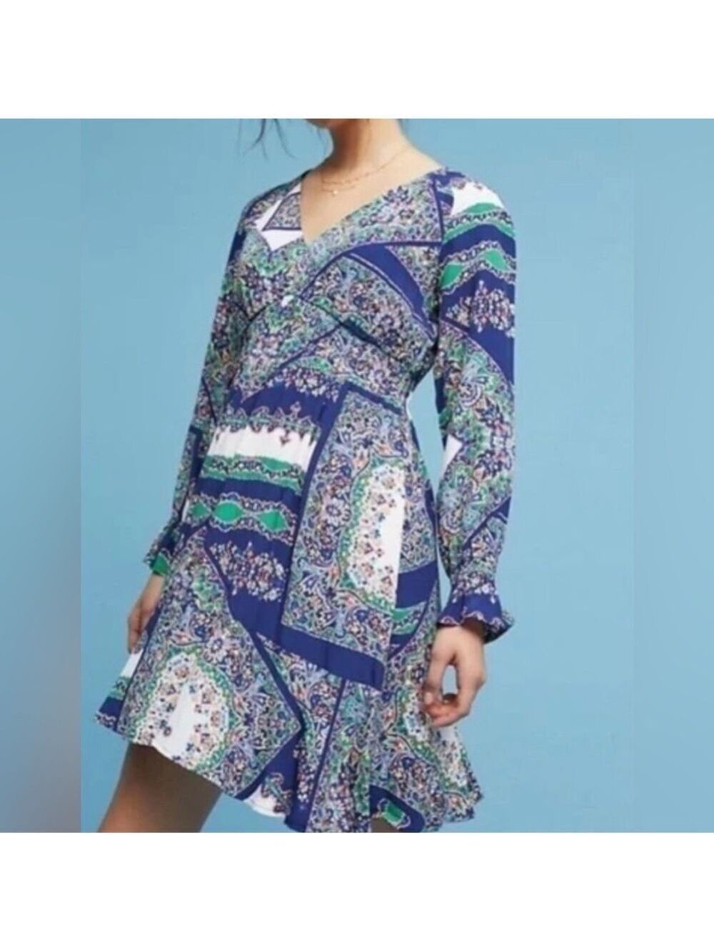 Anthropologie Maeve Monaco Art Deco Print Dress Long Sleeve V-Neck Size XS